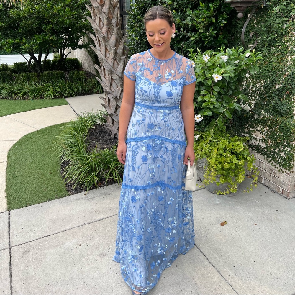 Monique Lhuillier Blue Tiered Maxi Gown with Flutter Sleeves